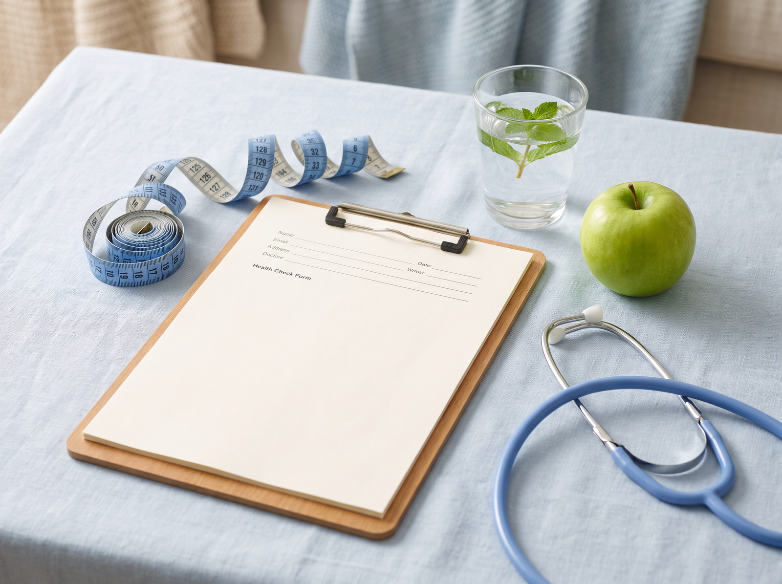 Health check essentials at Porterbrook Medical Weight-Loss Clinic - clipboard, tape measure, glass of water and stethoscope